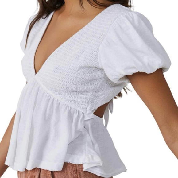 Free People Smocked Open Back Peplum Cotton Top - Picture 3 of 4
